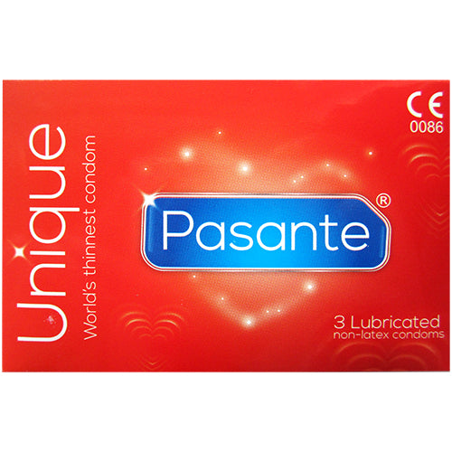 Pasante Unique Pack 3 non-latex condoms, ultra-thin and transparent, designed for enhanced sensitivity and comfort.
