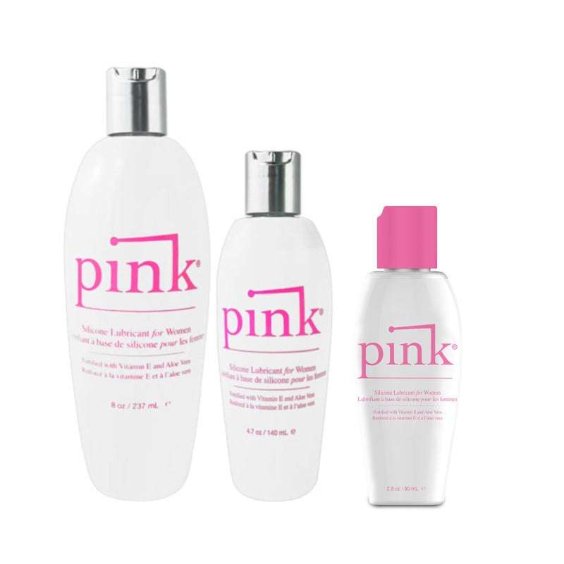 A bottle of Pink Silicone lubricant, showcasing its sleek design and pink color, ideal for enhancing intimate experiences.