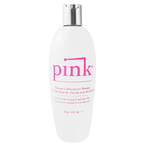 A bottle of Pink Silicone lubricant, showcasing its sleek design and pink color, ideal for enhancing intimate experiences.