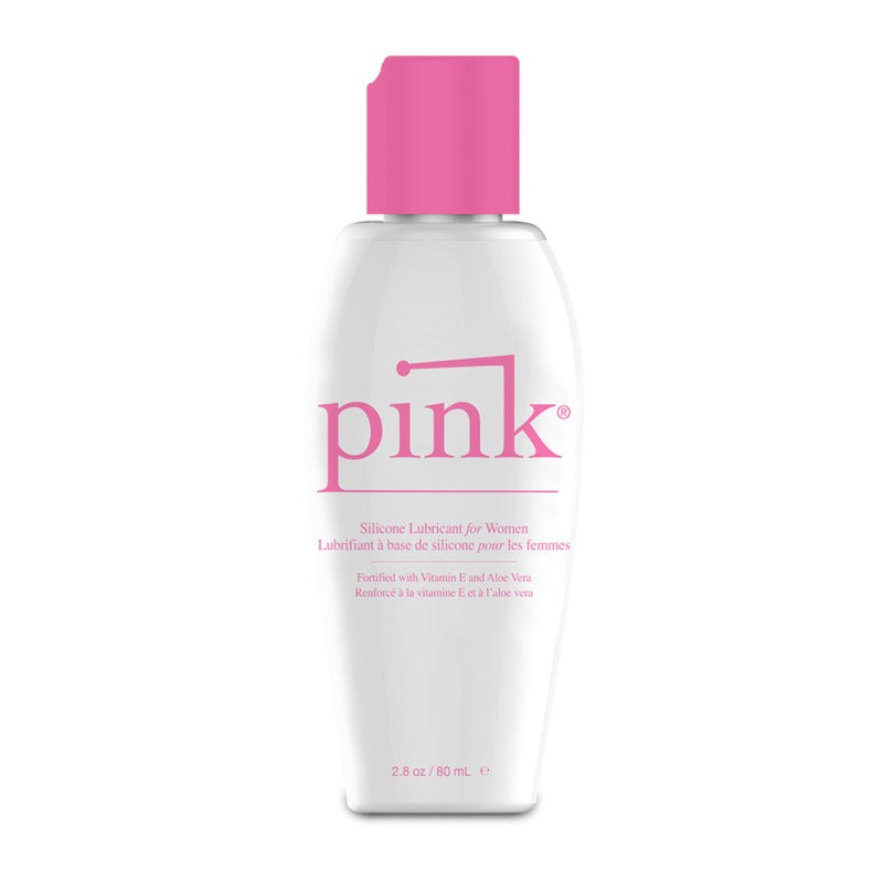 A bottle of Pink Silicone lubricant, showcasing its sleek design and pink color, ideal for enhancing intimate experiences.