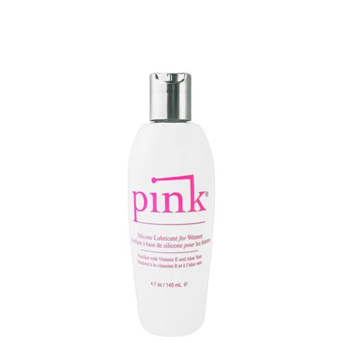 A bottle of Pink Silicone lubricant, showcasing its sleek design and pink color, ideal for enhancing intimate experiences.