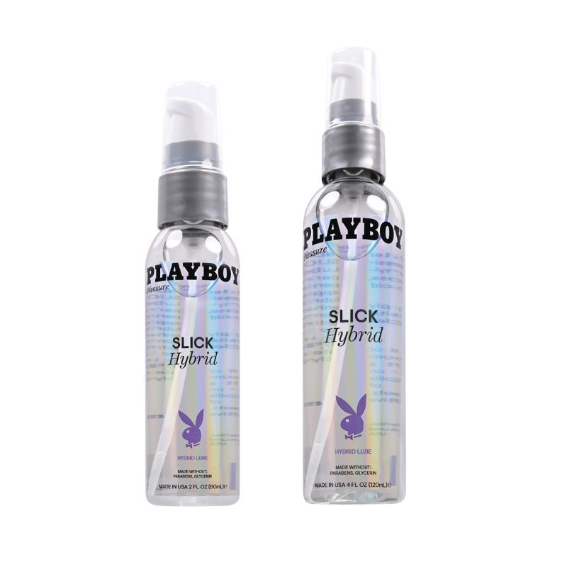 Playboy Pleasure Slick Hybrid Lubricant bottle with a sleek design, showcasing its smooth texture and hybrid formula for enhanced pleasure.