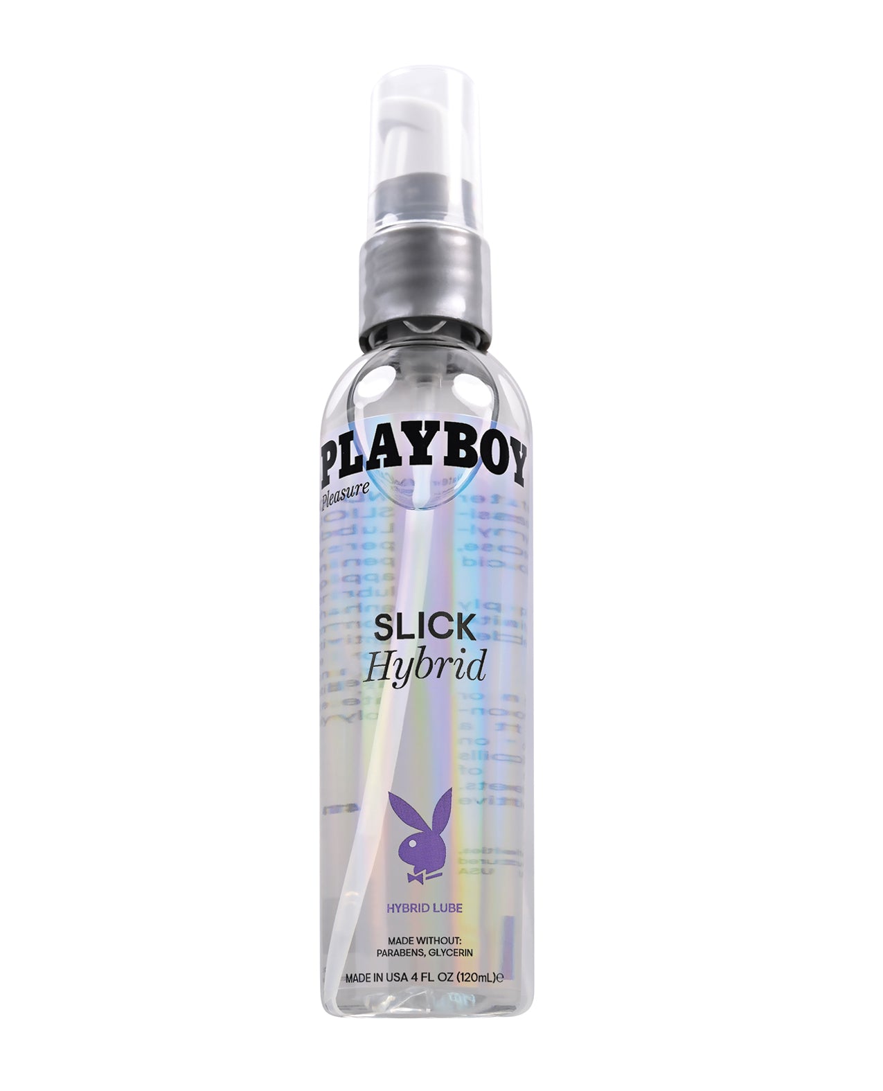 Playboy Pleasure Slick Hybrid Lubricant bottle with a sleek design, showcasing its smooth texture and hybrid formula for enhanced pleasure.