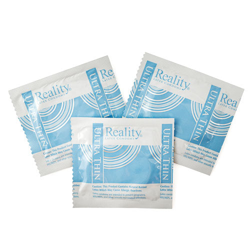 A pack of Reality Ultra Thin condoms showcasing their transparent and smooth design, emphasizing comfort and pleasure.