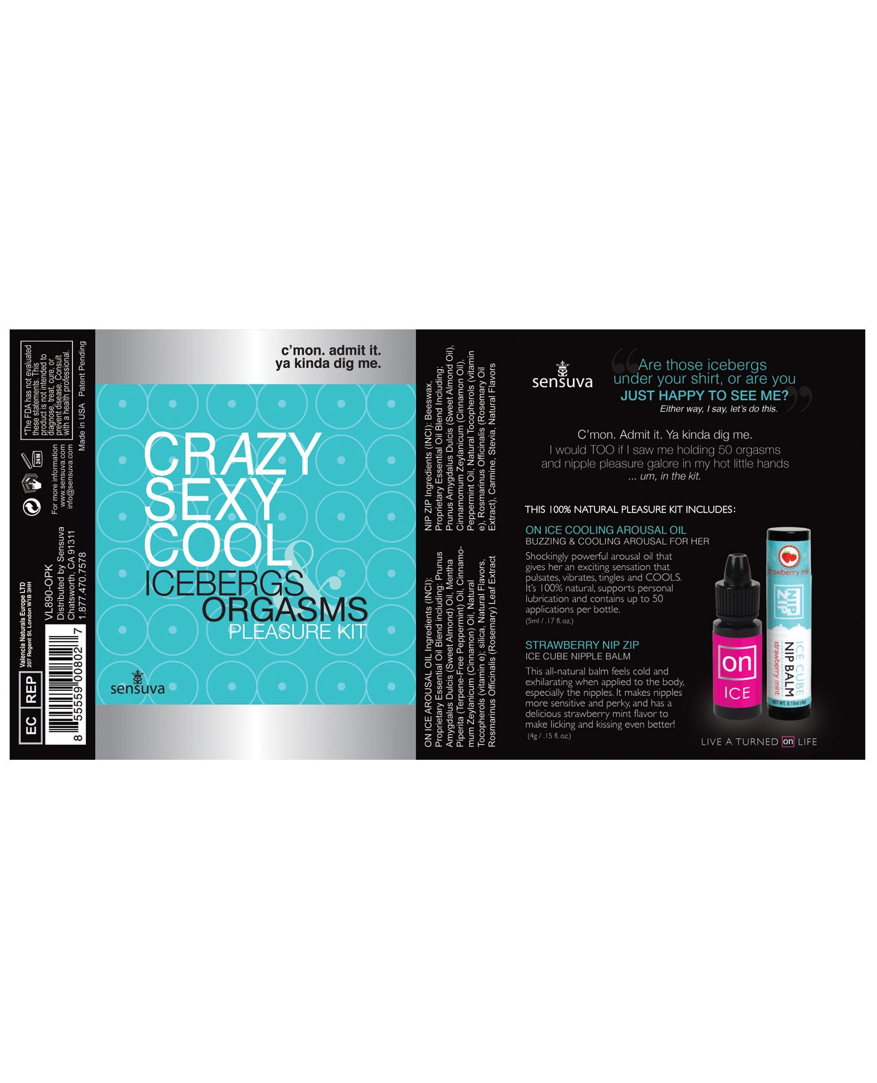 Sensuva Crazy Sexy Cool Icebergs & Orgasms Pleasure Kit in a sleek black tin, featuring arousal oils and nipple balm.