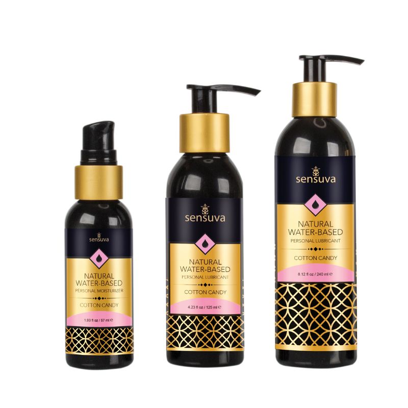 Sensuva Natural Water Based Moisturizer in Cotton Candy flavor, featuring a vibrant packaging design that highlights its playful essence.