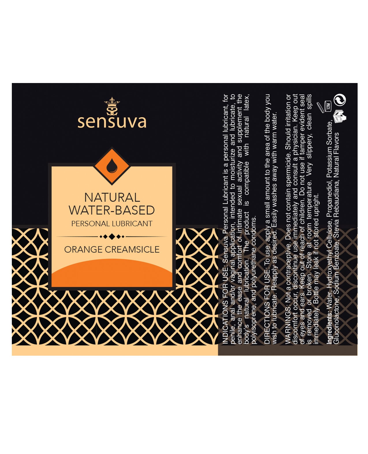 Sensuva Natural Water-Based Moisturizer in Orange Creamsicle flavor, showcasing its vibrant packaging and creamy texture.