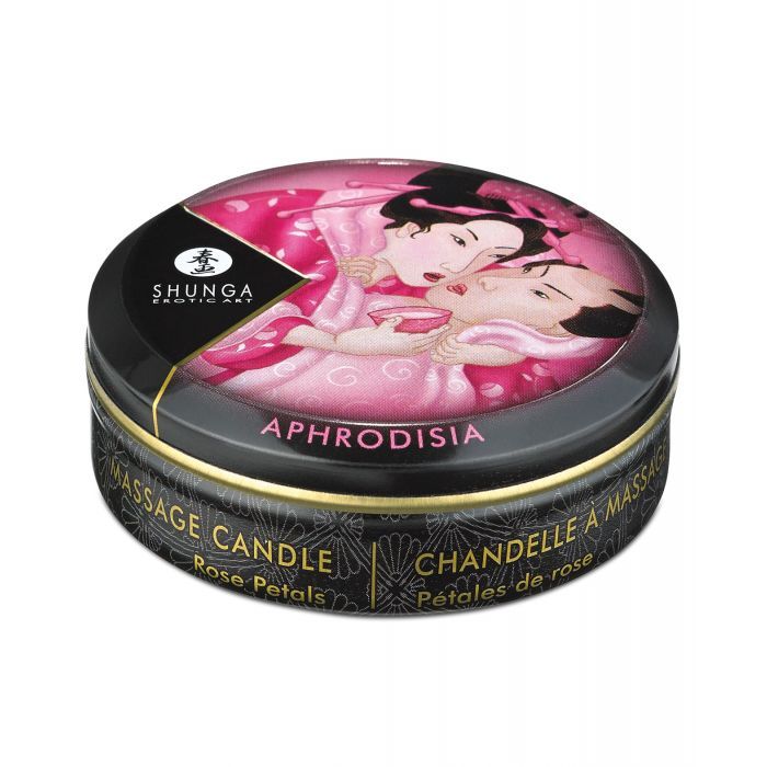 Shunga Aphrodisia Massage Candlelight Roses 30ml, a soy-based candle with a rose scent, designed for intimate massages.