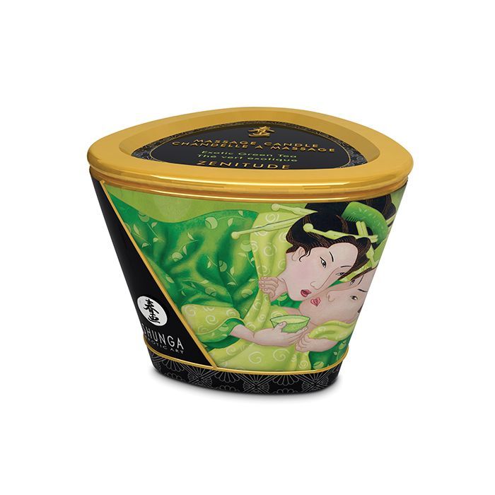 Shunga Zenitude Massage Candle in Exotic Green Tea scent, showcasing its elegant design and warm glow.