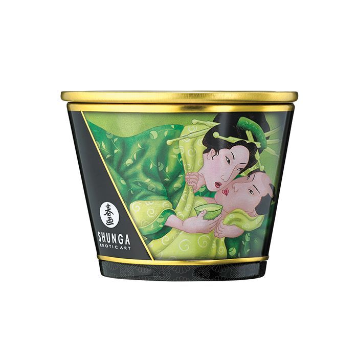 Shunga Zenitude Massage Candle in Exotic Green Tea scent, showcasing its elegant design and warm glow.