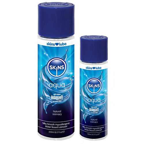 Skins Aqua Water-Based intimate lubricant bottle with clear gel texture, designed for enhanced pleasure and comfort.