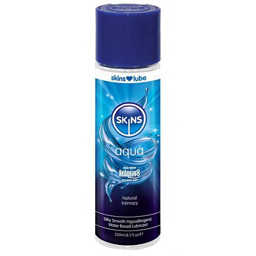 Skins Aqua Water-Based intimate lubricant bottle with clear gel texture, designed for enhanced pleasure and comfort.