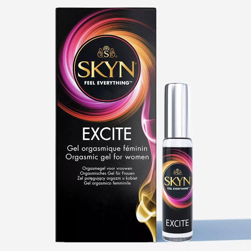 SKYN Excite Orgasmic Gel for Women in a sleek pump bottle, designed for enhanced sexual pleasure with a water-based formula.