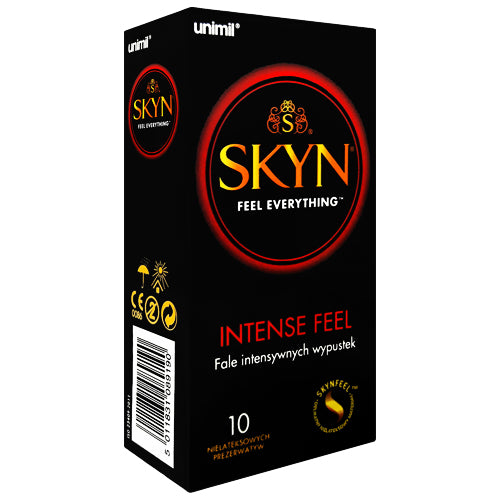 SKYN Intense Feel Box 10 featuring wave design texture and raised dots for enhanced stimulation, ideal for latex allergy sufferers.