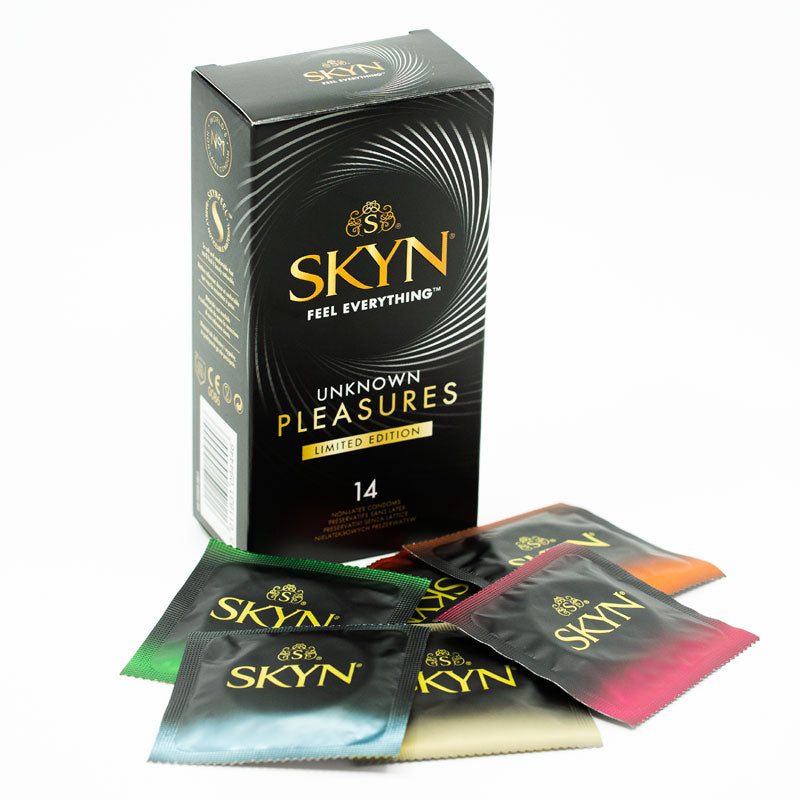 SKYN Unknown Pleasures Box 14 featuring assorted condoms with smooth and textured designs, flavored options, and packaging details.