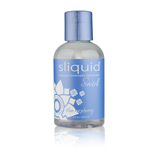 A bottle of Sliquid Blue Raspberry personal lubricant with a vibrant blue label, showcasing its sweet raspberry flavor and water-based formula.