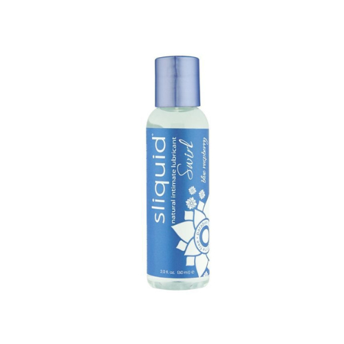 A bottle of Sliquid Blue Raspberry personal lubricant with a vibrant blue label, showcasing its sweet raspberry flavor and water-based formula.