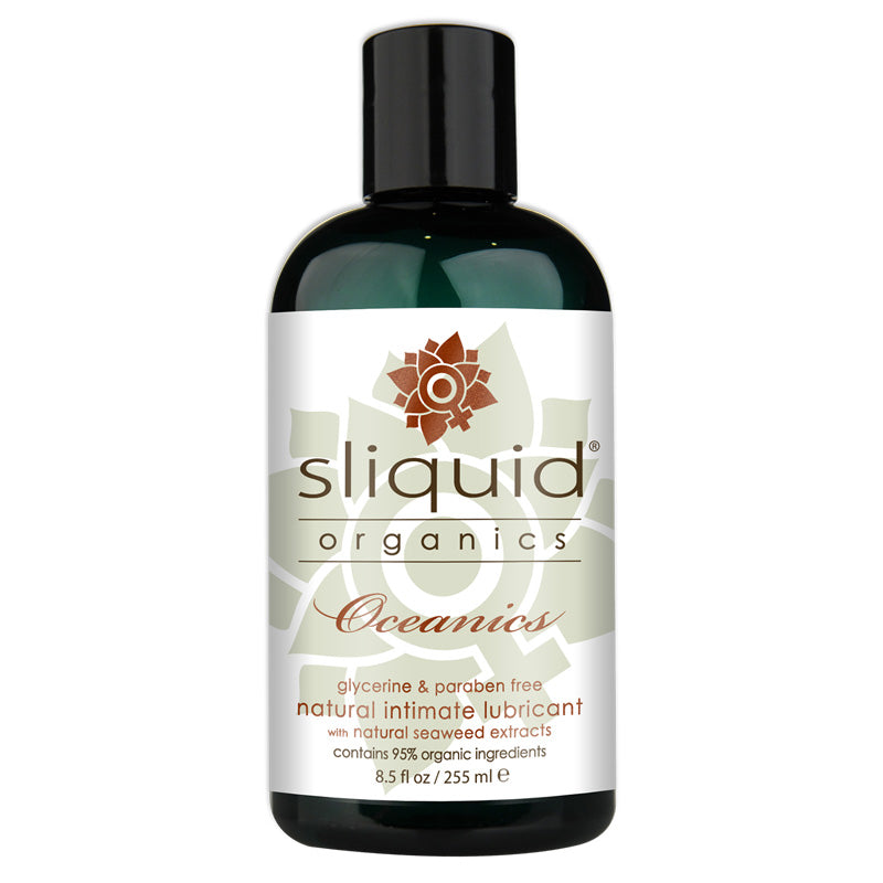 Sliquid Organics Oceanic lubricant bottle with natural seaweed extract, showcasing its organic ingredients and vegan-friendly label.