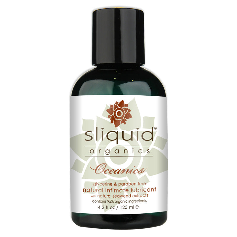 Sliquid Organics Oceanic lubricant bottle with natural seaweed extract, showcasing its organic ingredients and vegan-friendly label.