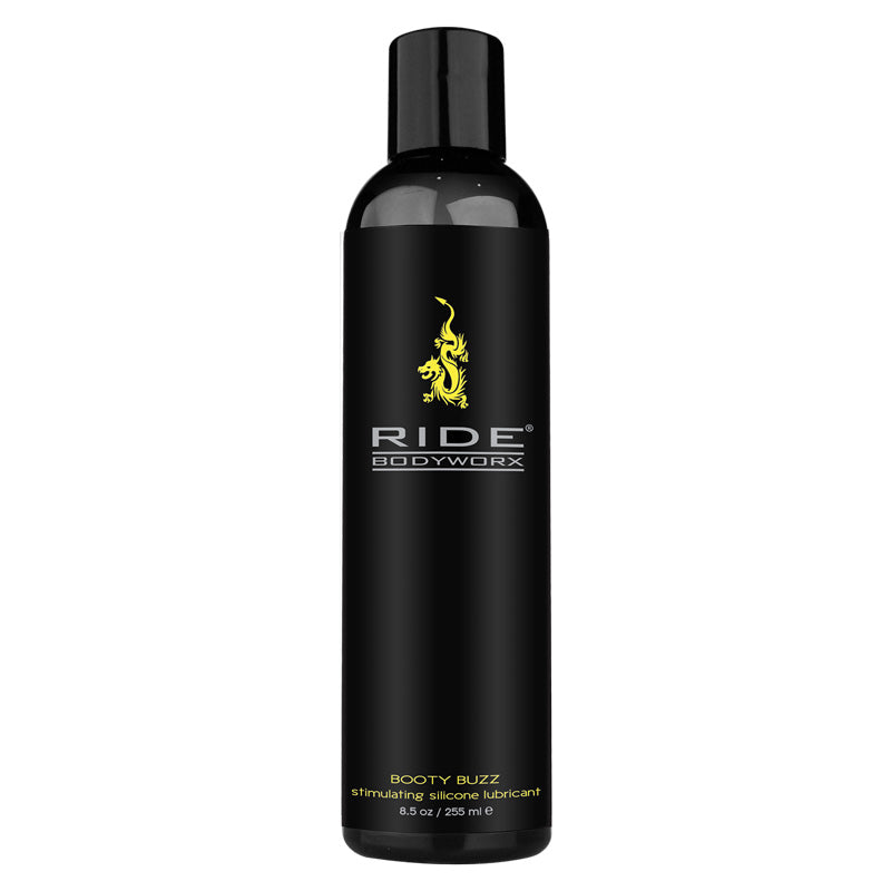 Sliquid Ride Bodyworx Booty Buzz silicone lubricant bottle with a sleek design, showcasing its stimulating properties for enhanced pleasure.