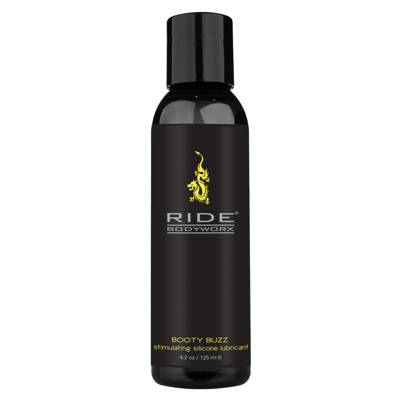 Sliquid Ride Bodyworx Booty Buzz silicone lubricant bottle with a sleek design, showcasing its stimulating properties for enhanced pleasure.