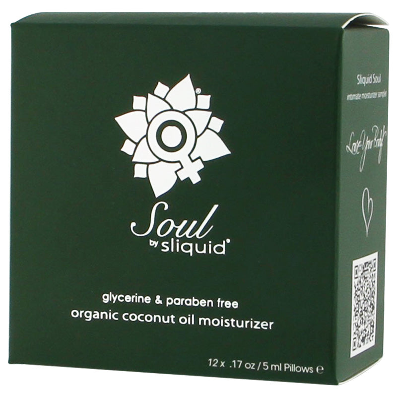 Sliquid Soul Lube Cube Pillow Pack containing 12 individual 5ml lubricant packs, featuring a coconut oil base for skin conditioning.