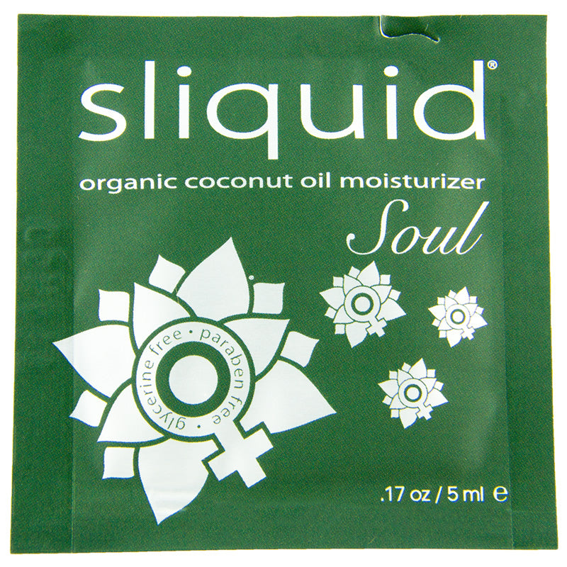Sliquid Soul Lube Cube Pillow Pack containing 12 individual 5ml lubricant packs, featuring a coconut oil base for skin conditioning.