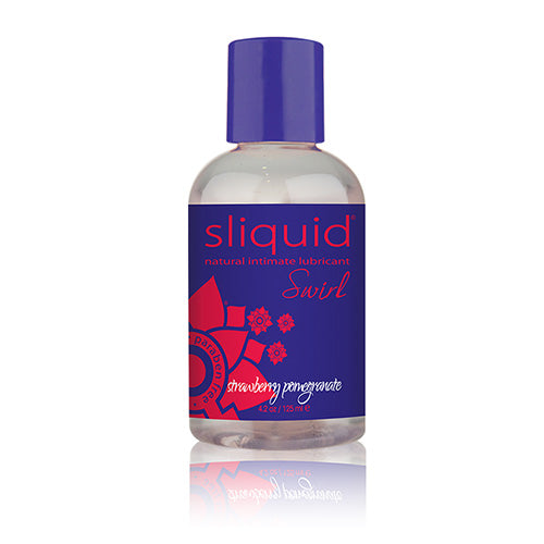 A bottle of Sliquid Strawberry Pomegranate water-based lubricant with a vibrant label featuring strawberries and pomegranates.