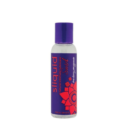 A bottle of Sliquid Strawberry Pomegranate water-based lubricant with a vibrant label featuring strawberries and pomegranates.