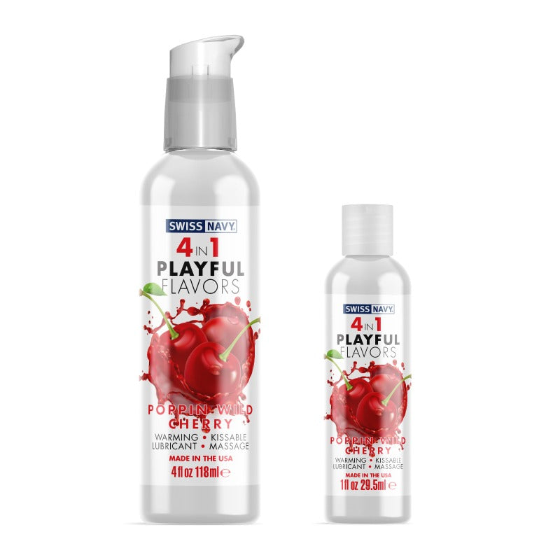 Swiss Navy 4in1 Poppin Wild Cherry lubricant bottle with a vibrant cherry design, showcasing its playful and enticing flavor.