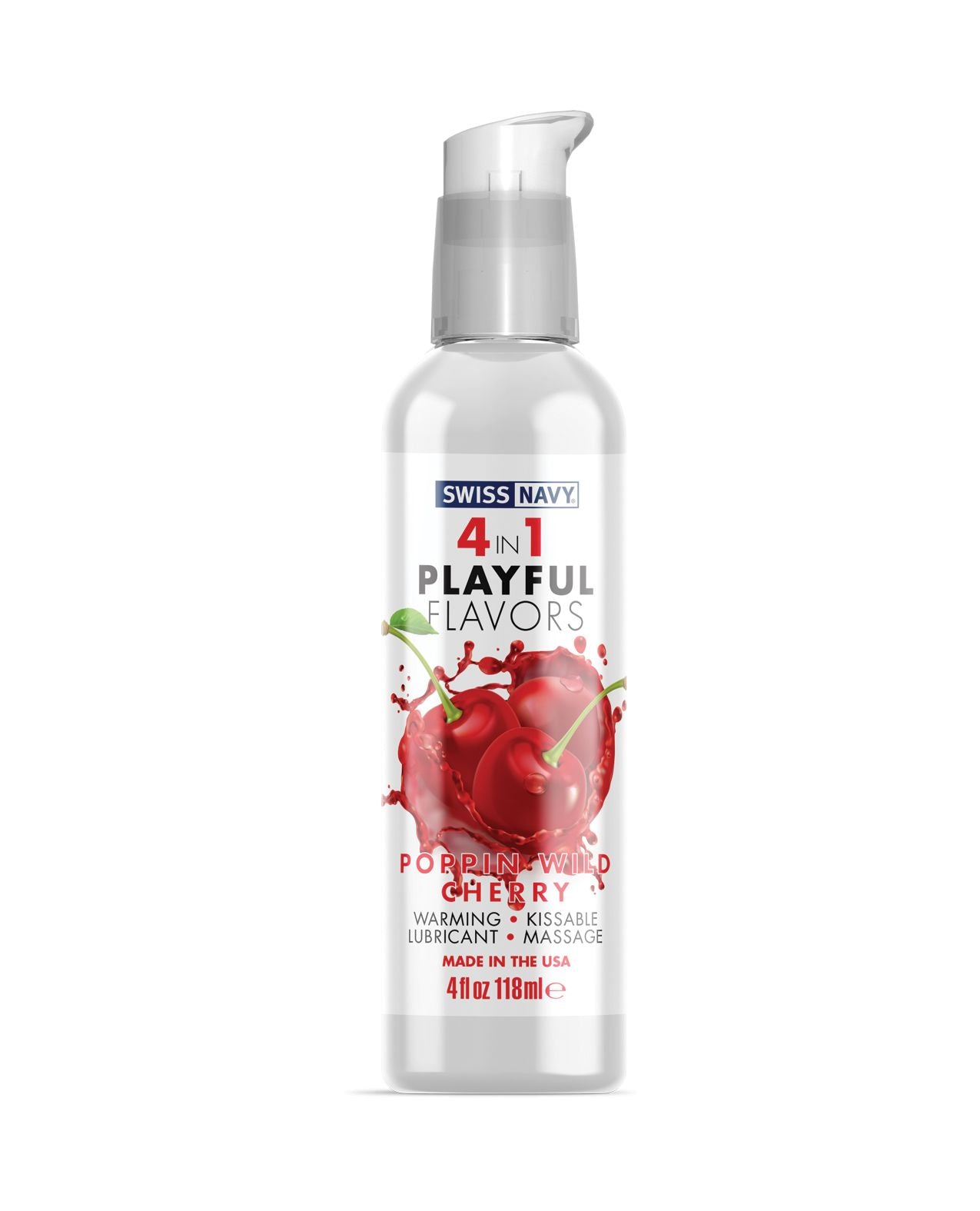 Swiss Navy 4in1 Poppin Wild Cherry lubricant bottle with a vibrant cherry design, showcasing its playful and enticing flavor.