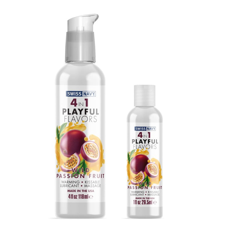 Swiss Navy 4in1 Wild Passion Fruit lubricant bottle with vibrant packaging showcasing passion fruit flavor.