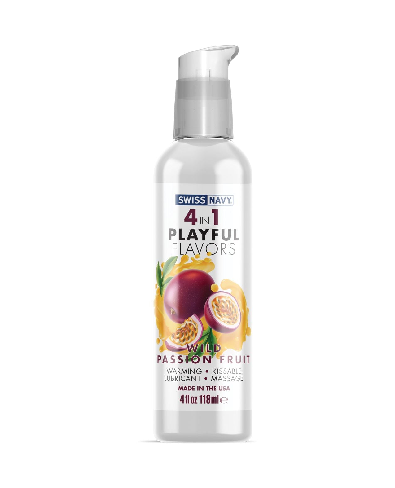 Swiss Navy 4in1 Wild Passion Fruit lubricant bottle with vibrant packaging showcasing passion fruit flavor.