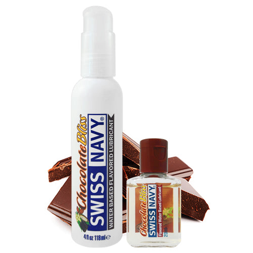 Swiss Navy Chocolate Bliss water-based lubricant bottle with chocolate flavor, designed for oral sex and intimate use.