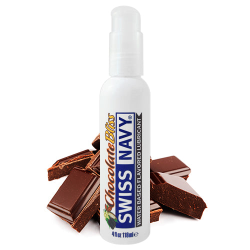 Swiss Navy Chocolate Bliss water-based lubricant bottle with chocolate flavor, designed for oral sex and intimate use.