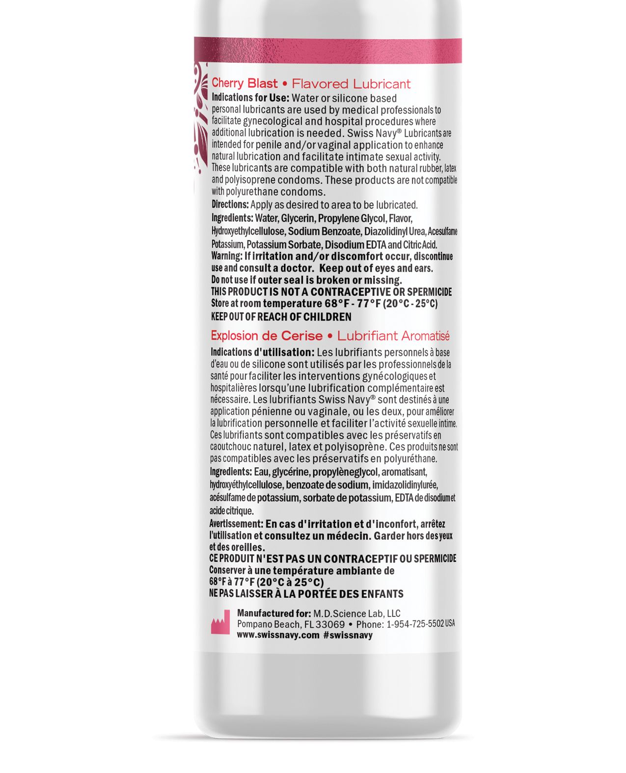 Swiss Navy Desire Cherry Blast lubricant bottle with cherry flavor, designed for intimate moments and safe for latex use.