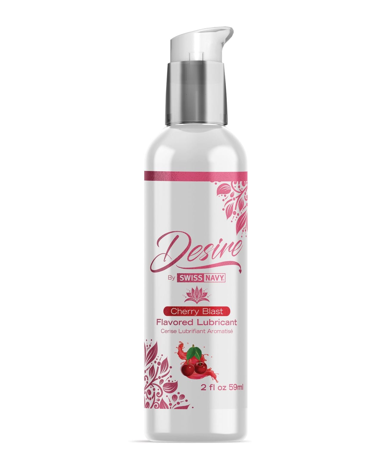 Swiss Navy Desire Cherry Blast lubricant bottle with cherry flavor, designed for intimate moments and safe for latex use.