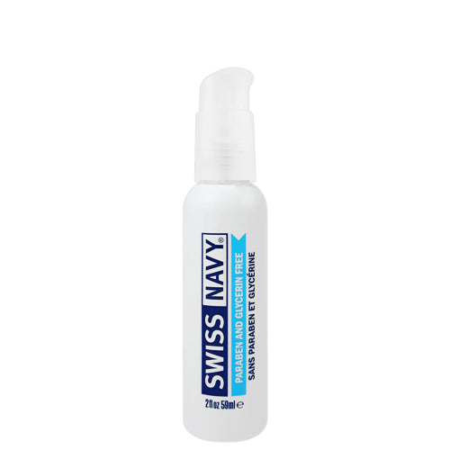Swiss Navy Paraben and Glycerin Free lubricant bottle with a sleek design, showcasing its water-based formula for enhanced comfort and pleasure.