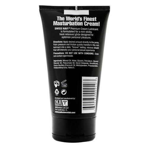 Swiss Navy Premium Masturbation Cream Tube showcasing its sleek design and label, emphasizing its premium quality and ingredients.