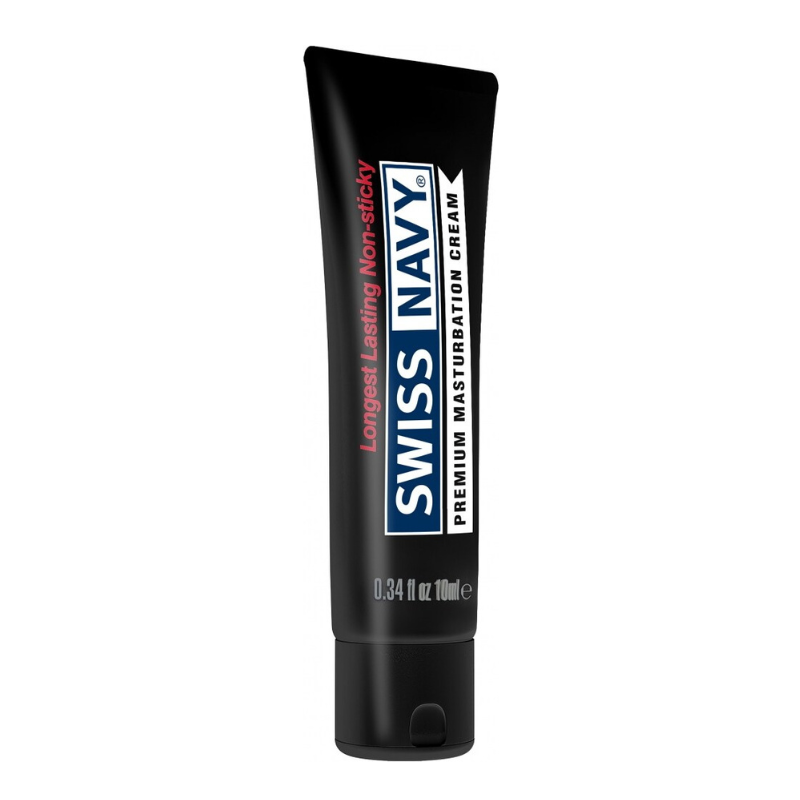 Swiss Navy Premium Masturbation Cream Tube showcasing its sleek design and label, emphasizing its premium quality and ingredients.