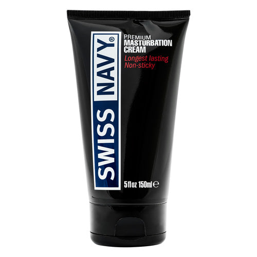 Swiss Navy Premium Masturbation Cream Tube showcasing its sleek design and label, emphasizing its premium quality and ingredients.