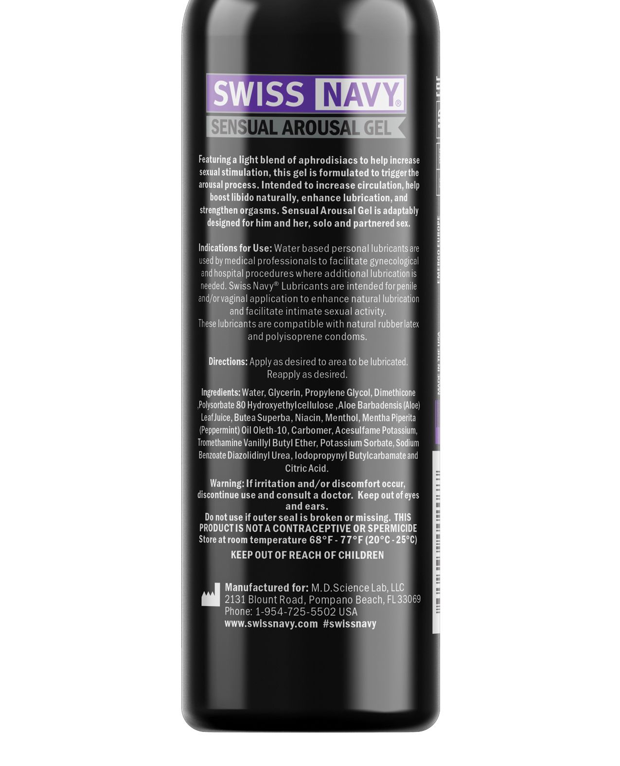 Swiss Navy Sensual Arousal Gel bottle with a sleek design, showcasing its intimate enhancement properties.