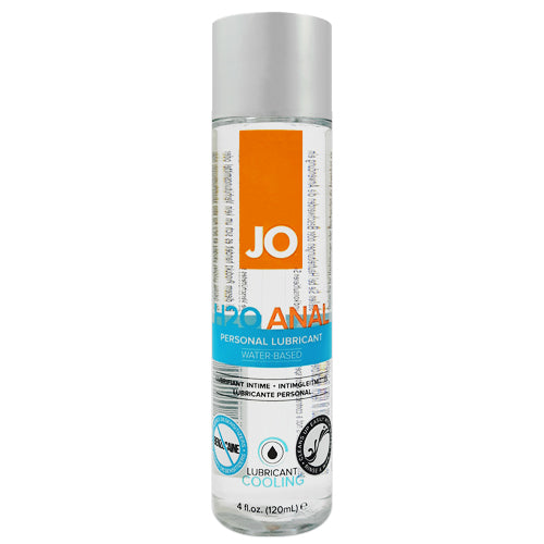 System JO H2O Anal Cooling 120 ml lubricant bottle with a sleek design, showcasing its water-based formula and cooling properties.