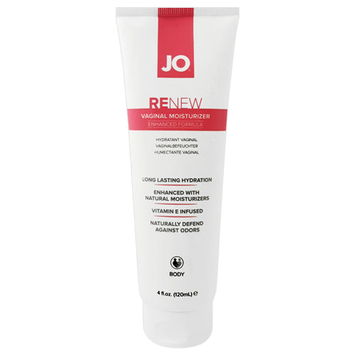 System JO Renew Vaginal Moisturizer 120 ml bottle with a sleek design, showcasing its moisturizing cream for vaginal dryness relief.