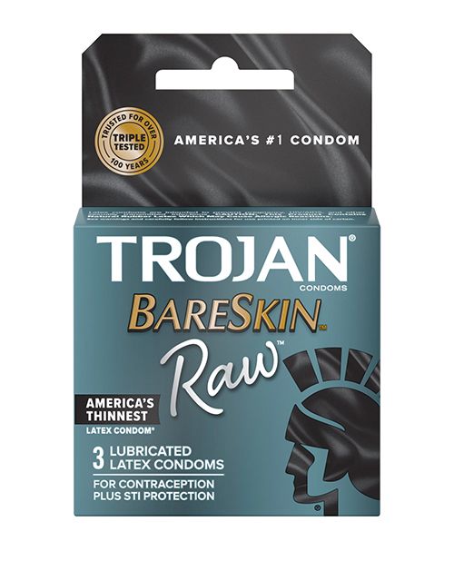 Trojan BareSkin Raw Box 3 featuring ultra-thin latex condoms designed for maximum sensitivity and pleasure.