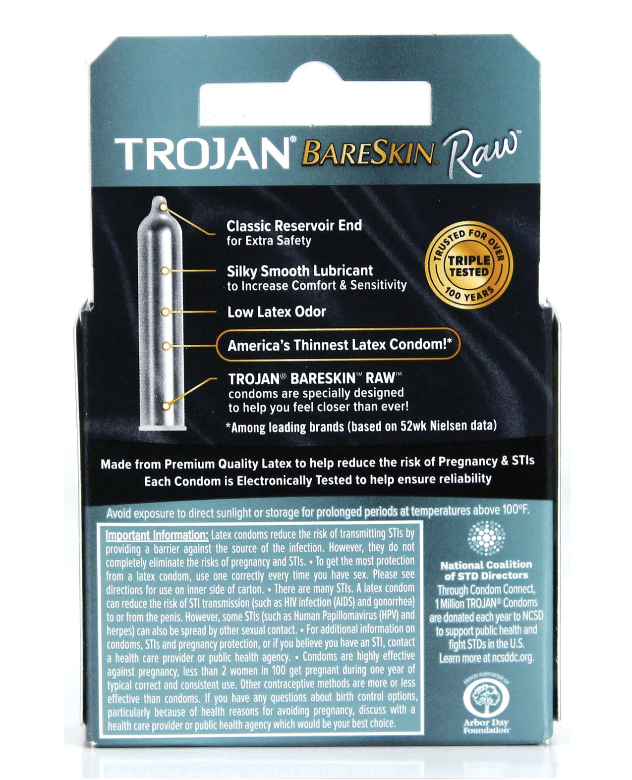 Trojan BareSkin Raw Box 3 featuring ultra-thin latex condoms designed for maximum sensitivity and pleasure.