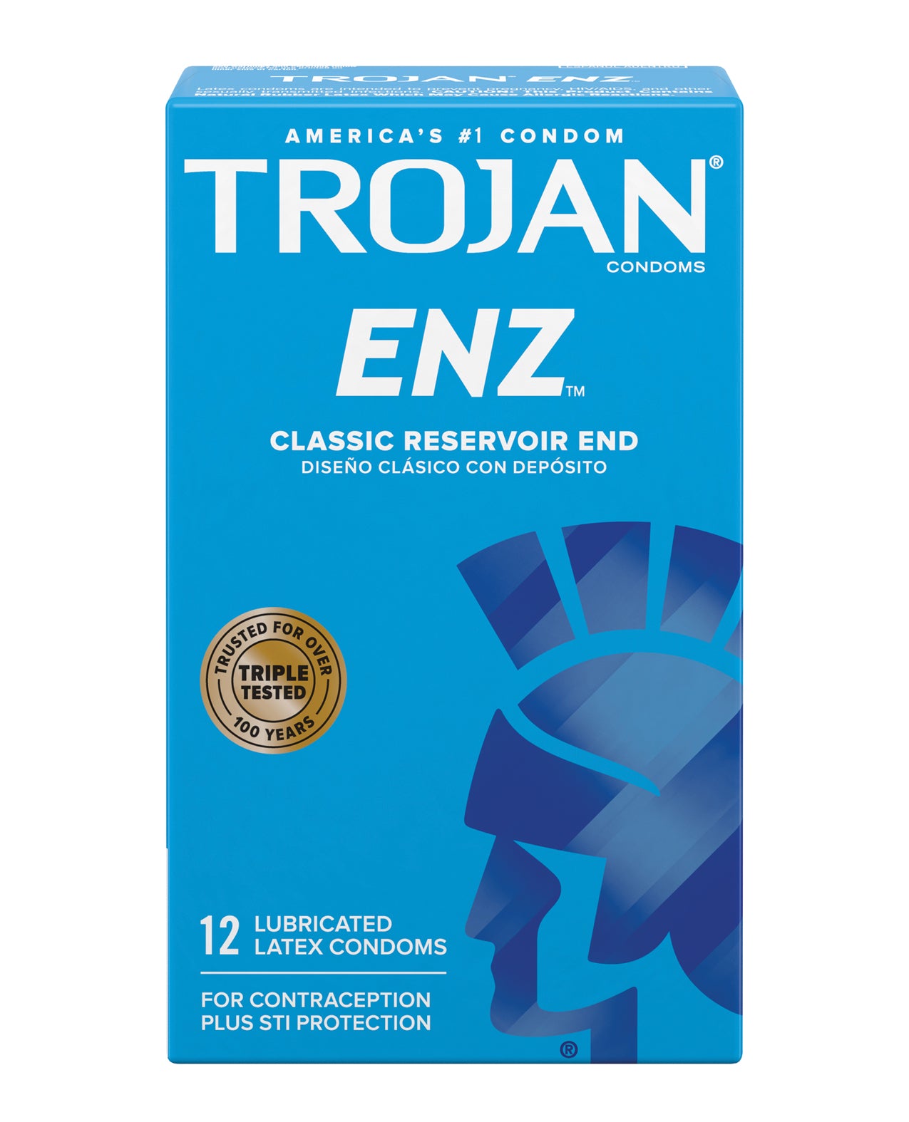 Trojan ENZ Box 12 containing lubricated natural rubber latex condoms, featuring a classic design and trusted brand.