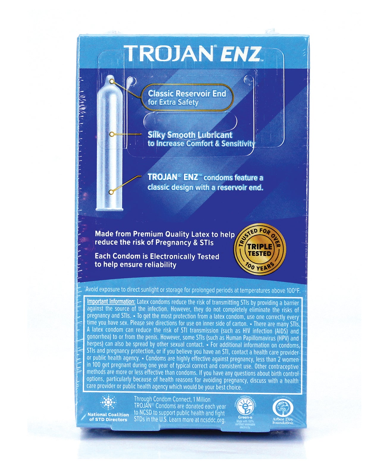 Trojan ENZ Box 12 containing lubricated natural rubber latex condoms, featuring a classic design and trusted brand.
