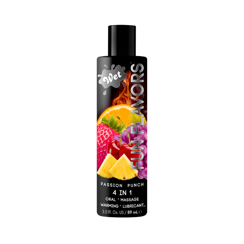 Wet Fun Flavors Passion Punch Warming lubricant bottle with a vibrant design, showcasing its passion punch flavor and warming properties.