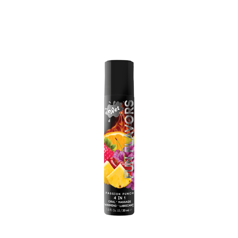 Wet Fun Flavors Passion Punch Warming lubricant bottle with a vibrant design, showcasing its passion punch flavor and warming properties.